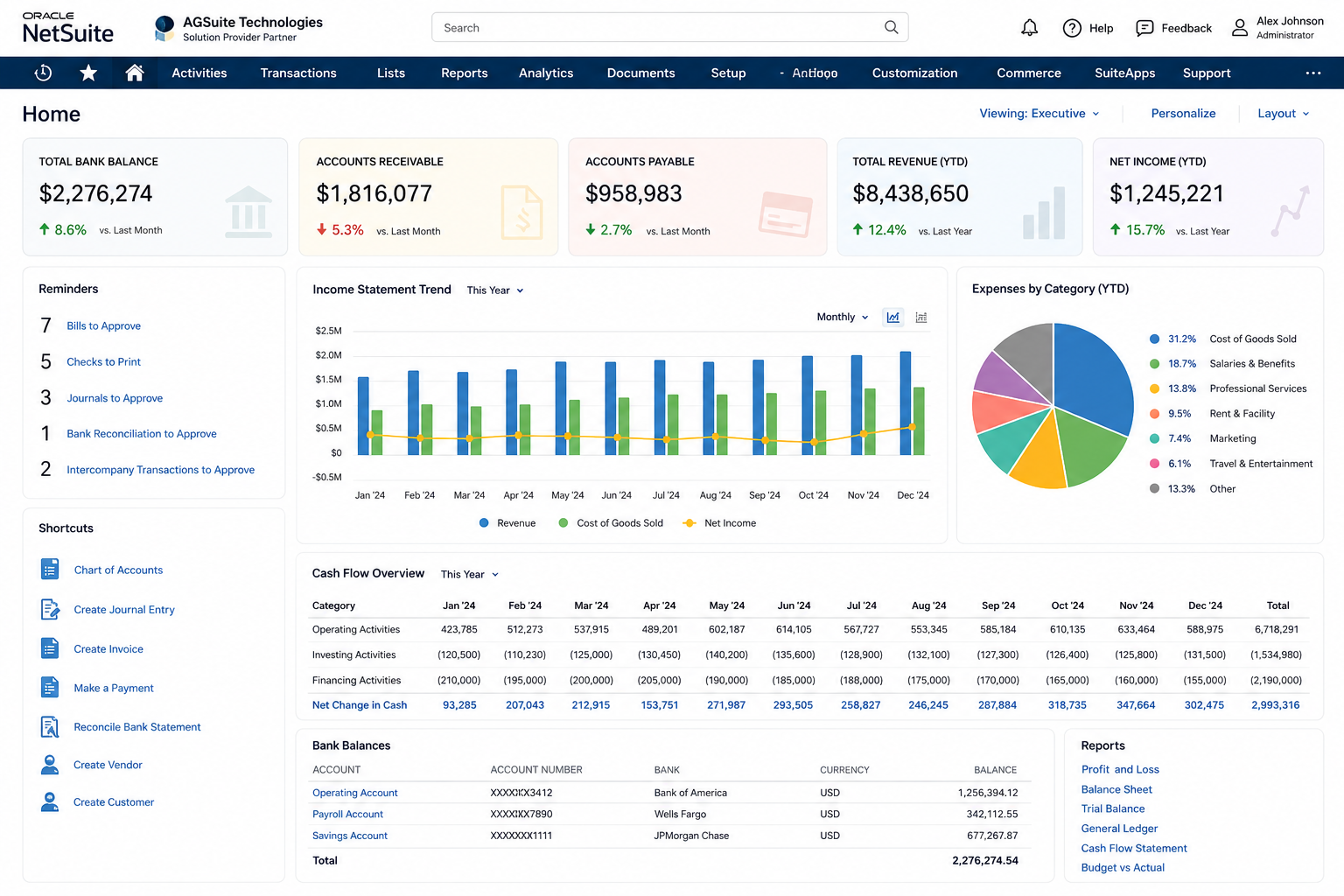 Oracle NetSuite ERP Executive Home Dashboard — AGSuite Technologies